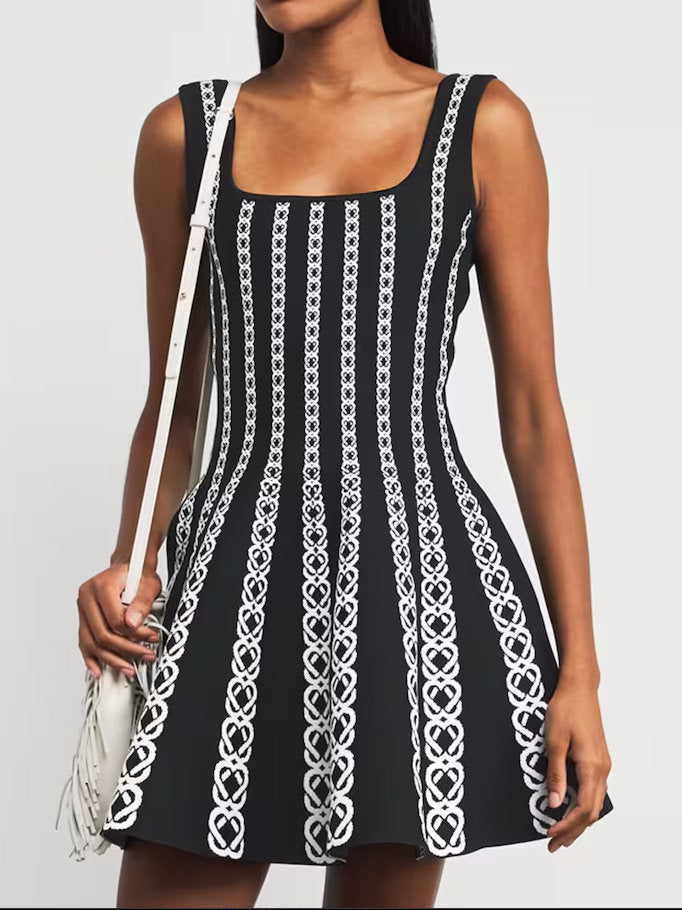 Black Jacquard Knit Flared Mini Dress - Dresses