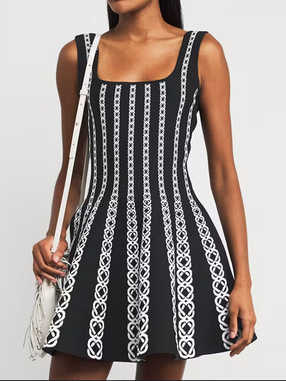 Black Jacquard Knit Flared Mini Dress - Dresses