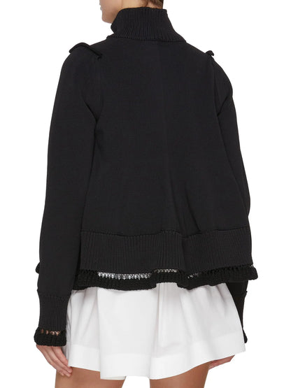 Black Knit Blouson Jacket with Open-Knit Trims - Jackets