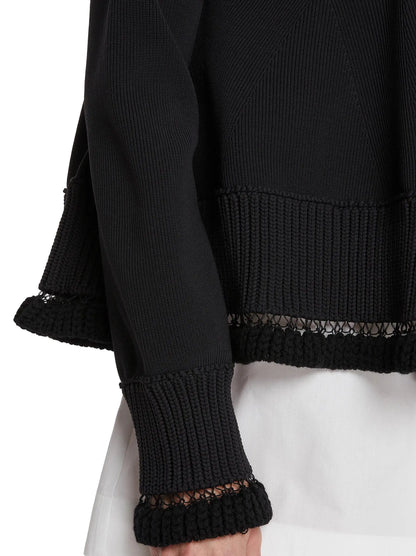 Black Knit Blouson Jacket with Open-Knit Trims - Jackets