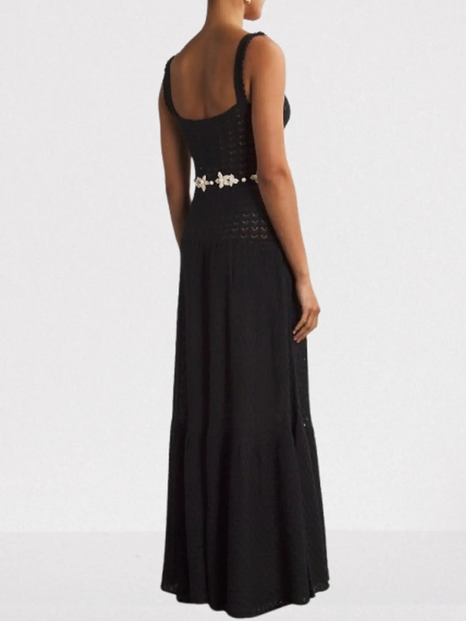 Black Knit Maxi Dress with Floral Embroidery - Dresses