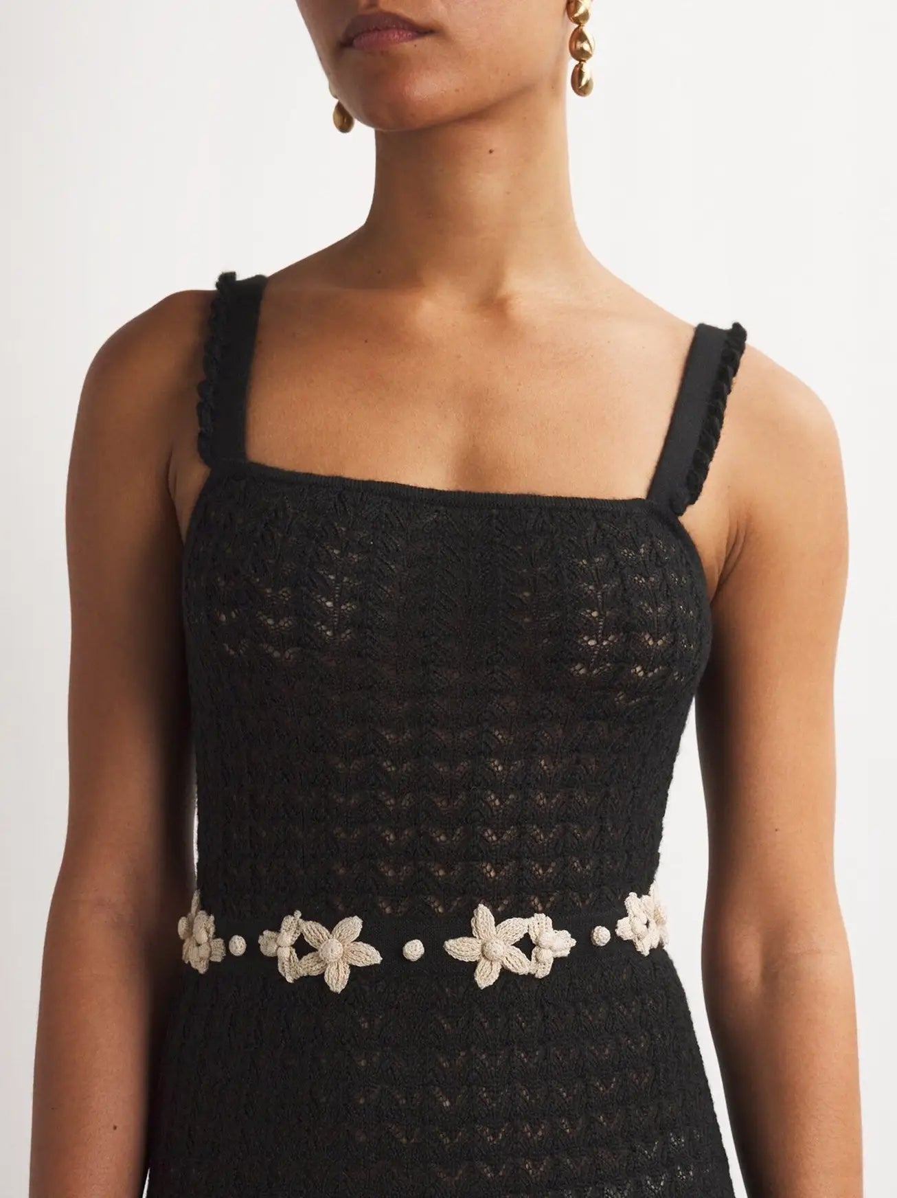 Black Knit Sleeveless Maxi Dress with Floral Embroidery