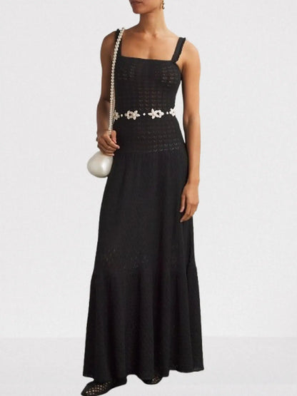 Black Knit Maxi Dress with Floral Embroidery - Dresses