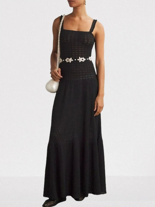 Black Knit Maxi Dress with Floral Embroidery - Dresses