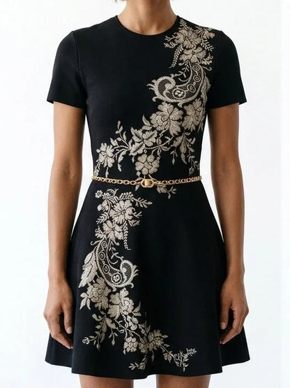 Black Knit Mini Dress with Floral Paisley Motif - Dresses