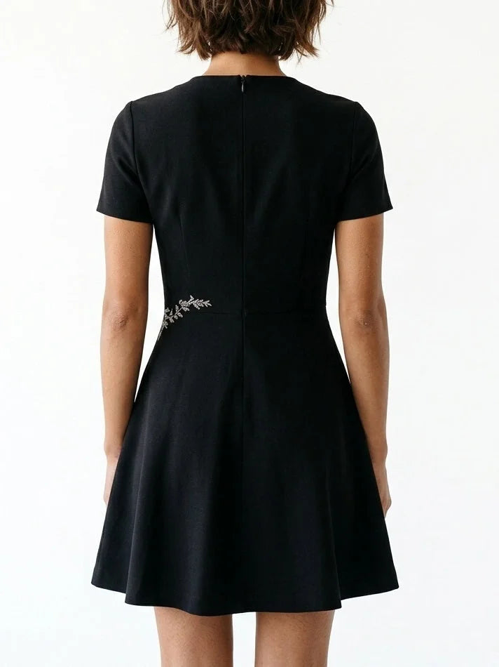 Black Knit Mini Dress with Floral Paisley Motif - Dresses