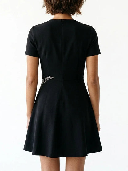 Black Knit Mini Dress with Floral Paisley Motif - Dresses