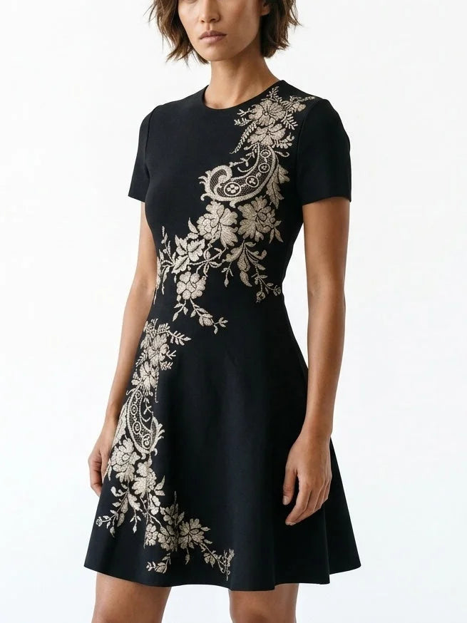 Black Knit Mini Dress with Floral Paisley Motif - Dresses