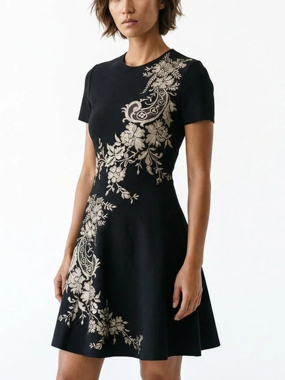 Black Knit Mini Dress with Floral Paisley Motif - Dresses