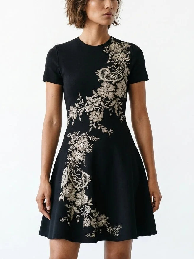 Black Knit Mini Dress with Floral Paisley Motif - Dresses