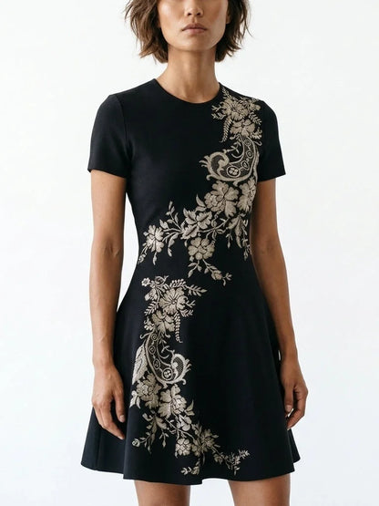 Black Knit Mini Dress with Floral Paisley Motif - Dresses