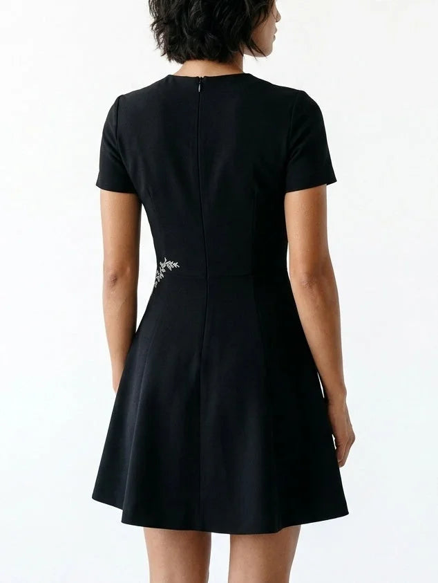 Black Knit Mini Dress with Floral Paisley Motif - Dresses