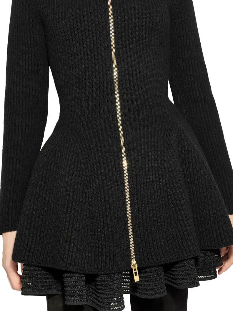 Black Knit Zip-Front Peplum Cardigan - Sweaters & Knitwear
