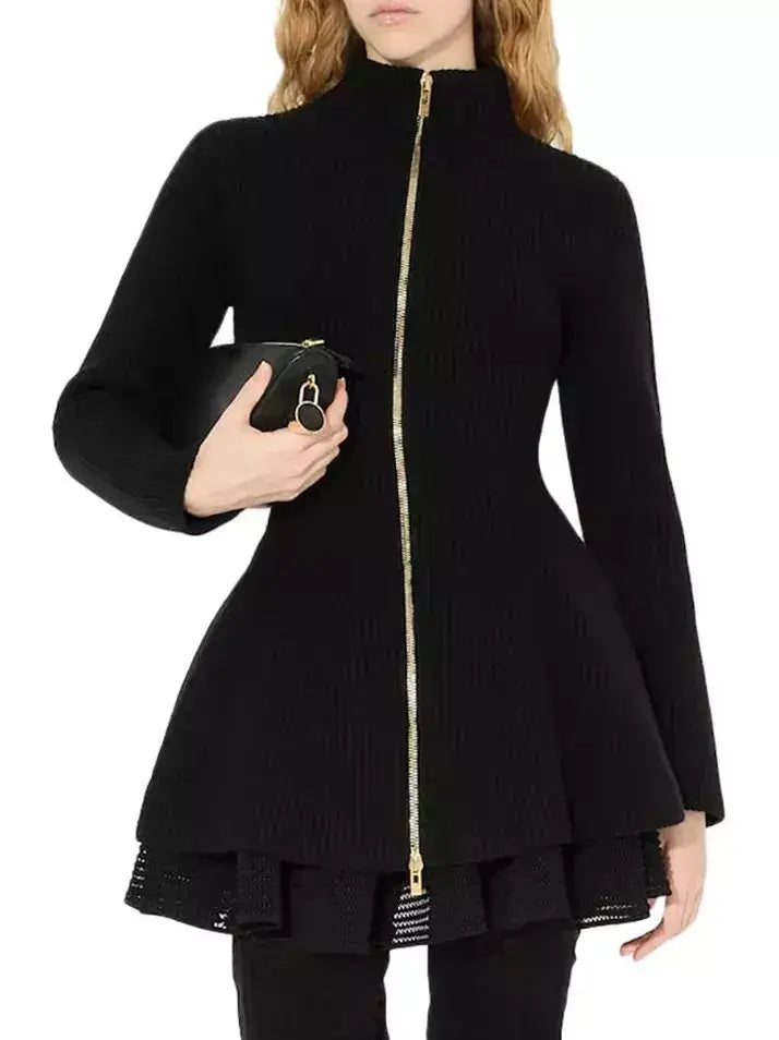 Black Knit Zip-Front Peplum Cardigan - Sweaters & Knitwear