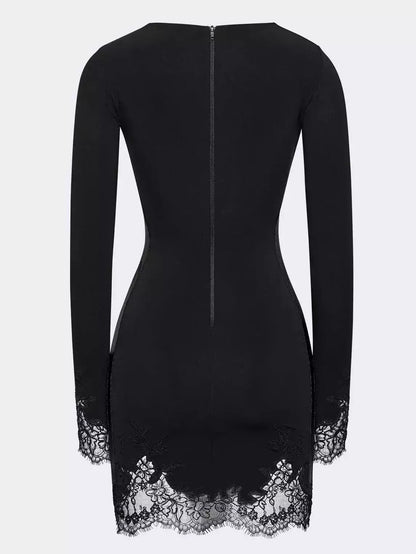 Black Lace-Trim Long-Sleeve Mini Dress - Dresses