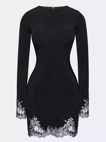 Black Lace-Trim Long-Sleeve Mini Dress - Dresses