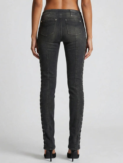 Black Lace-Up Low-Rise Denim Pants - Jeans & Pants