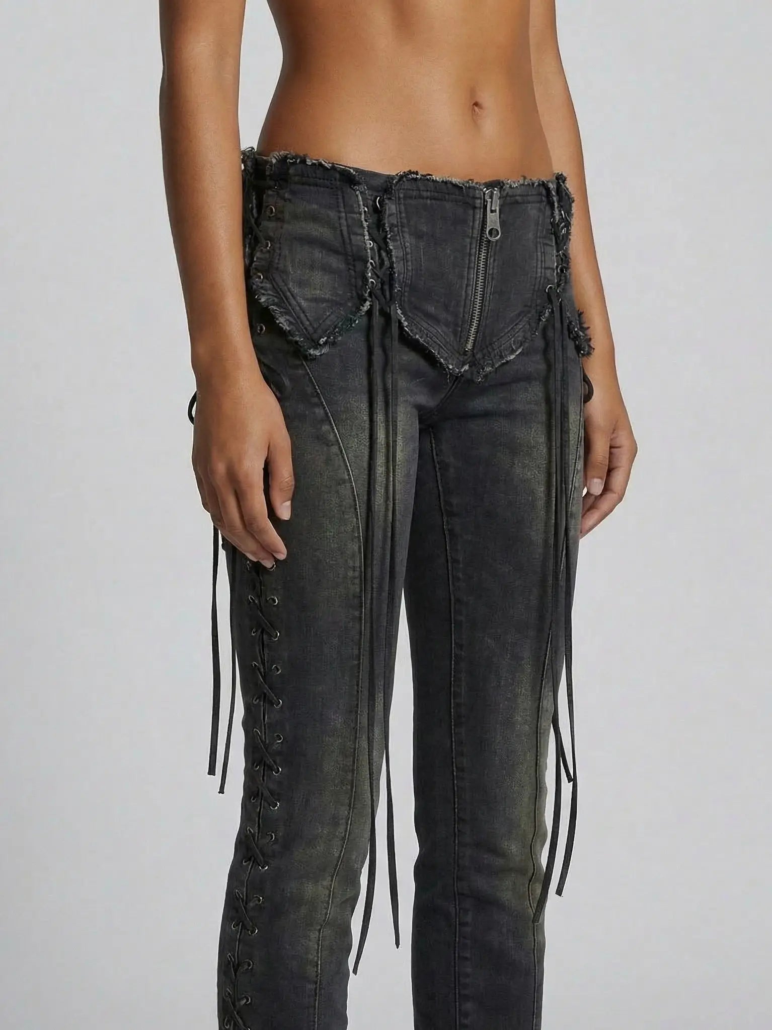 Black Lace-Up Low-Rise Denim Pants - Jeans & Pants