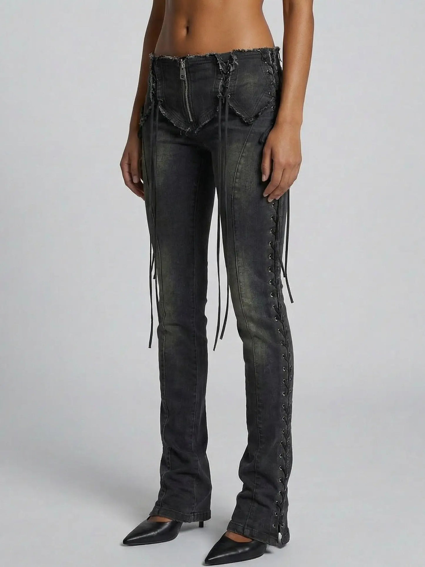 Black Lace-Up Low-Rise Denim Pants - Jeans & Pants