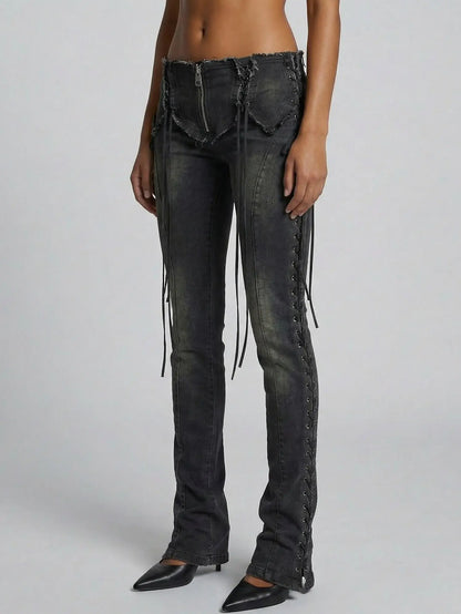Black Lace-Up Low-Rise Denim Pants - Jeans & Pants