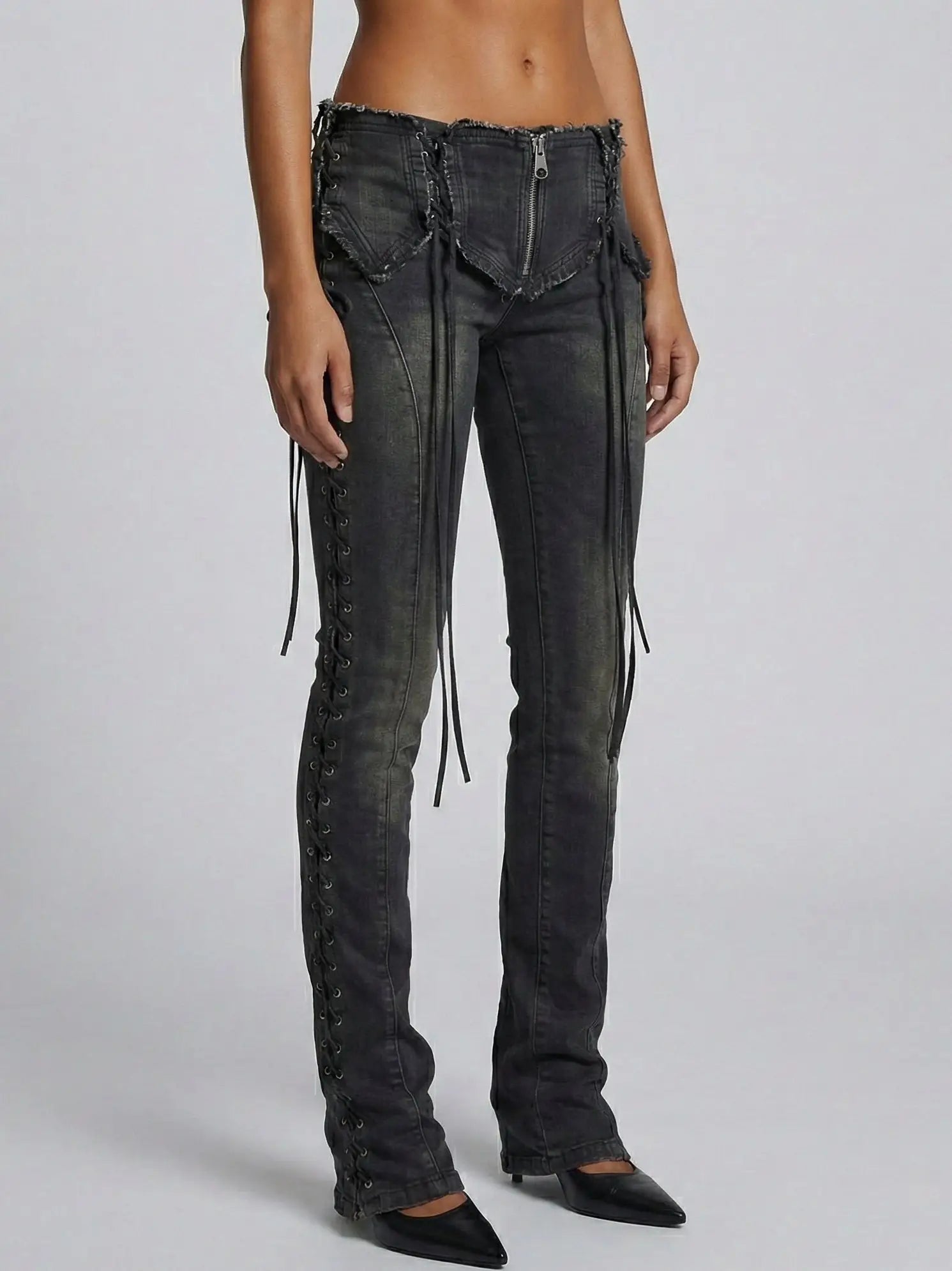 Black Lace-Up Low-Rise Denim Pants - Jeans & Pants