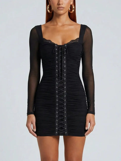 Black Lace-Up Ruched Mini Dress - Dresses