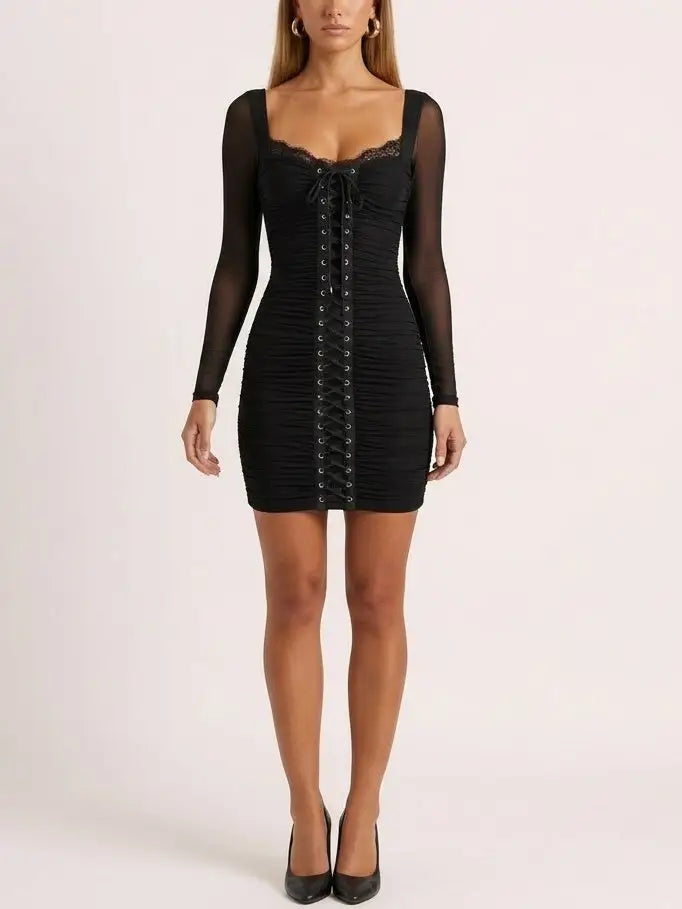 Black Lace-Up Ruched Mini Dress - Dresses