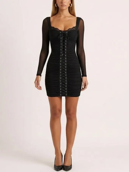 Black Lace-Up Ruched Mini Dress - Dresses