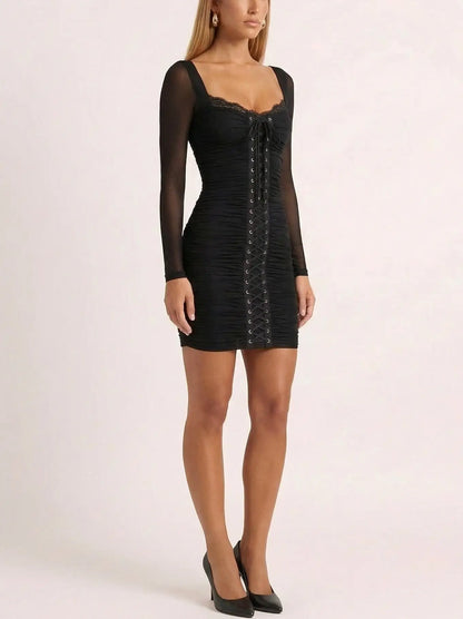 Black Lace-Up Ruched Mini Dress - Dresses