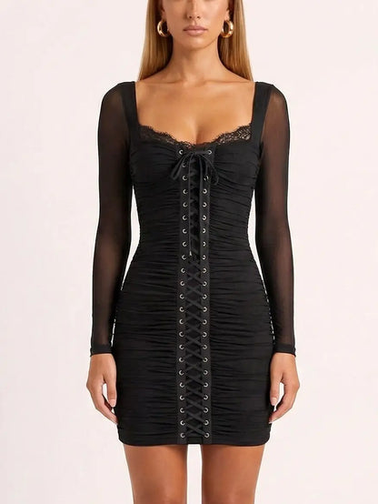 Black Lace-Up Ruched Mini Dress - Dresses