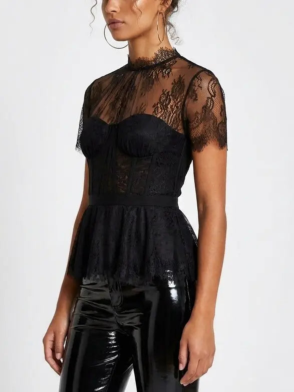 Black Lace Corset Peplum Top - Tops