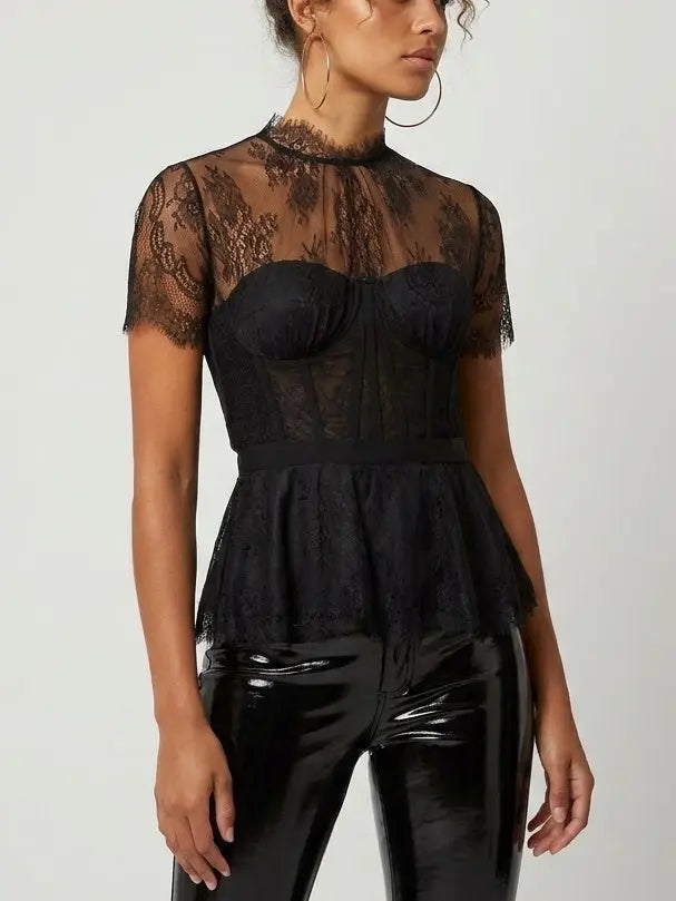Black Lace Corset Peplum Top - Tops