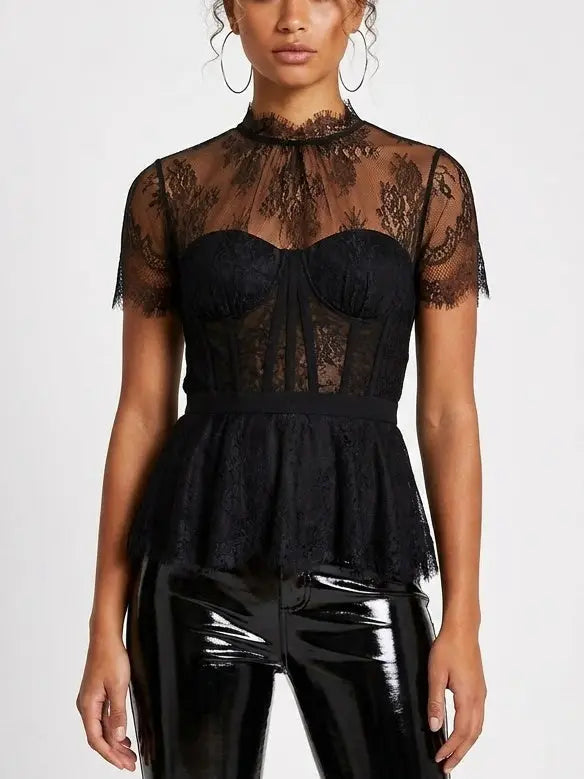 Black Lace Corset Peplum Top - Tops