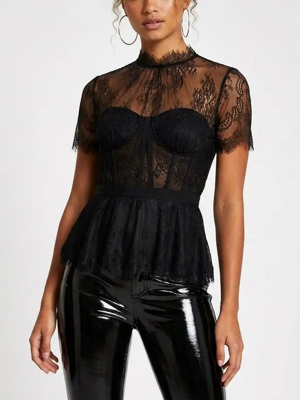 Black Lace Corset Peplum Top - Tops