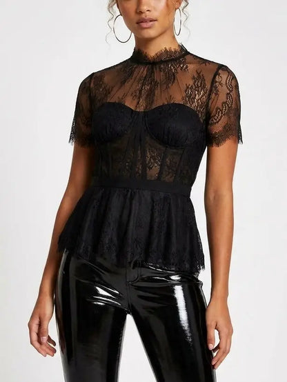 Black Lace Corset Peplum Top - Tops