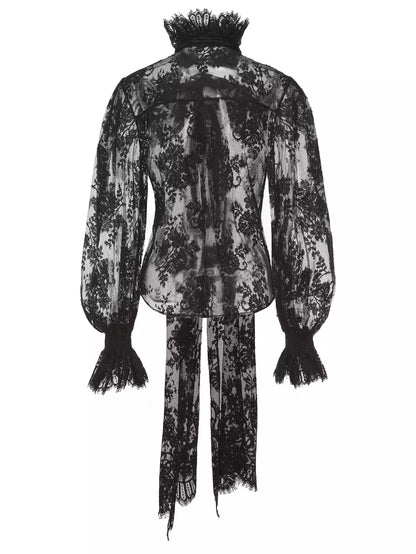 Black Lace Sheer Blouse with Neck Tie Tops