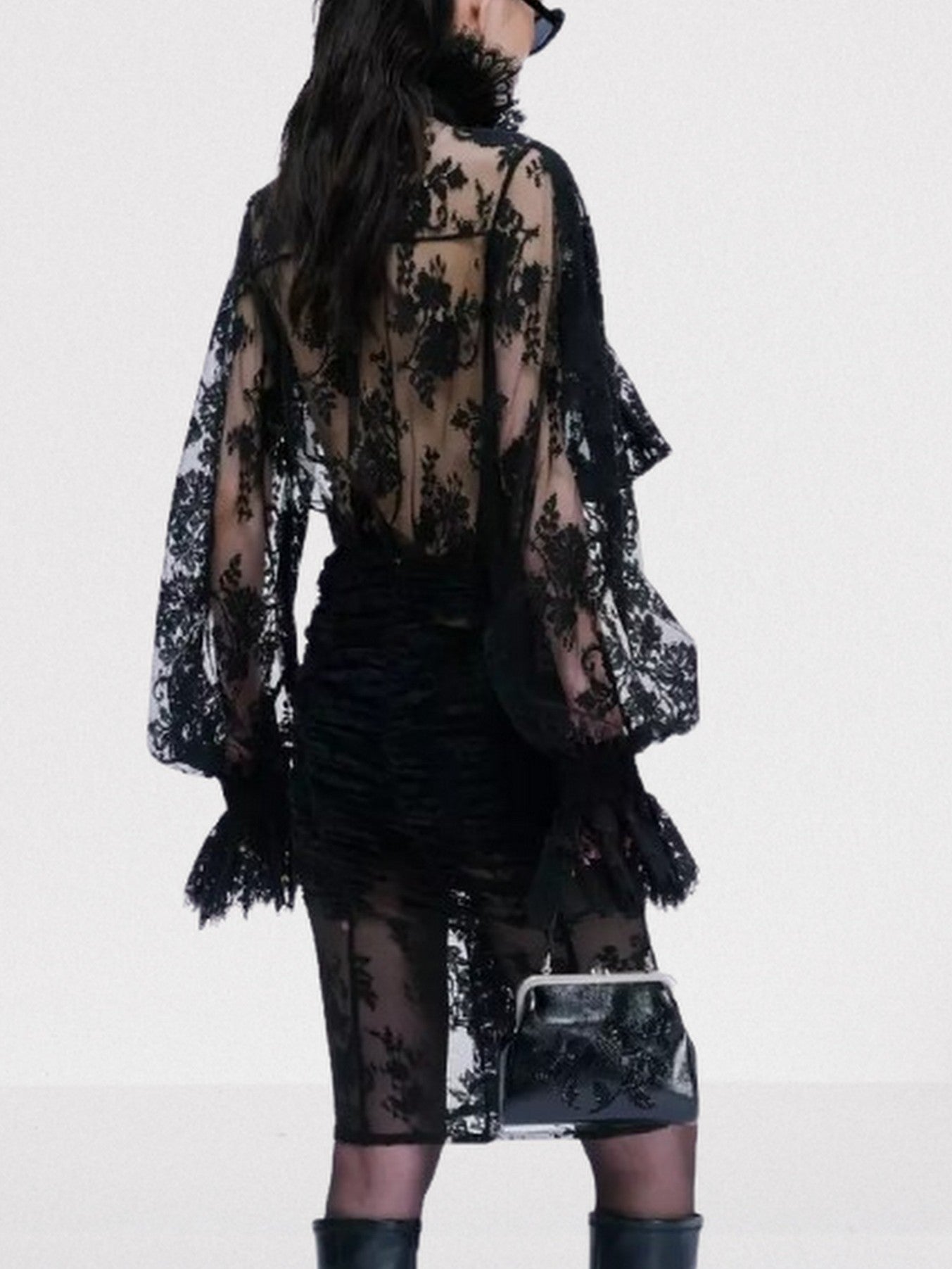 Black Lace Sheer Blouse with Neck Tie Tops