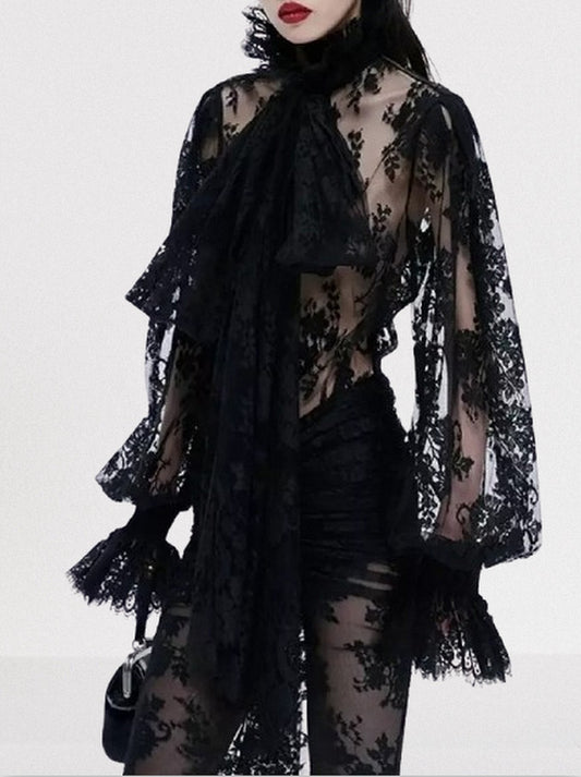 Black Lace Sheer Blouse with Neck Tie Small Tops