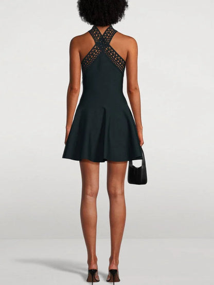 Black Laser-Cut Halter Mini Dress - Dresses