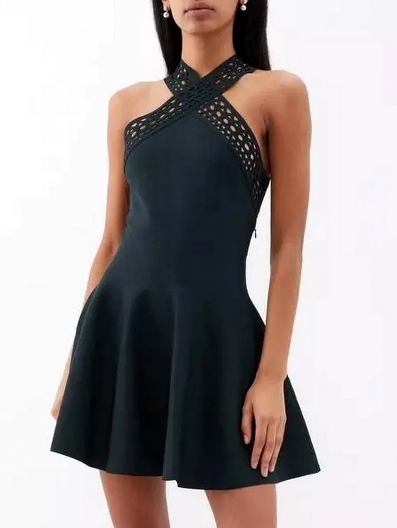 Black Laser-Cut Halter Mini Dress - Dresses