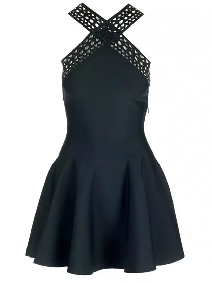 Black Laser-Cut Halter Mini Dress - Dresses