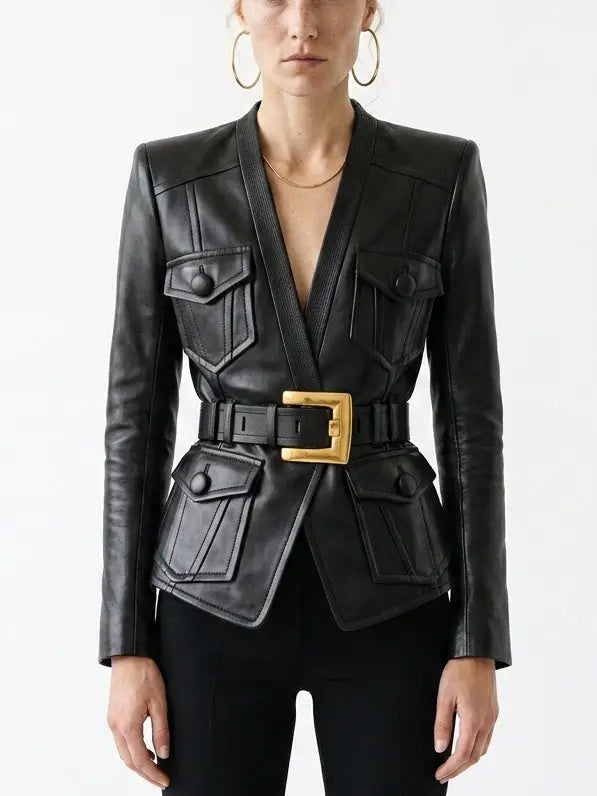 Black Leather Belted Jacket with Utility Pockets - Jackets
