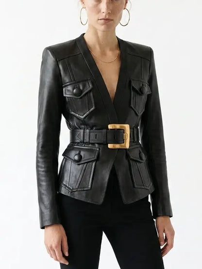 Black Leather Belted Jacket with Utility Pockets - Jackets