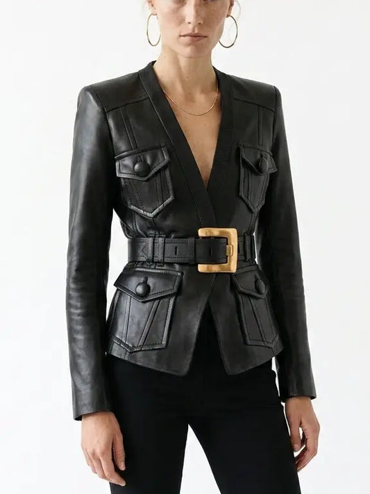 Black Leather Belted Jacket with Utility Pockets - Jackets