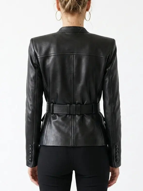 Black Leather Belted Jacket with Utility Pockets - Jackets