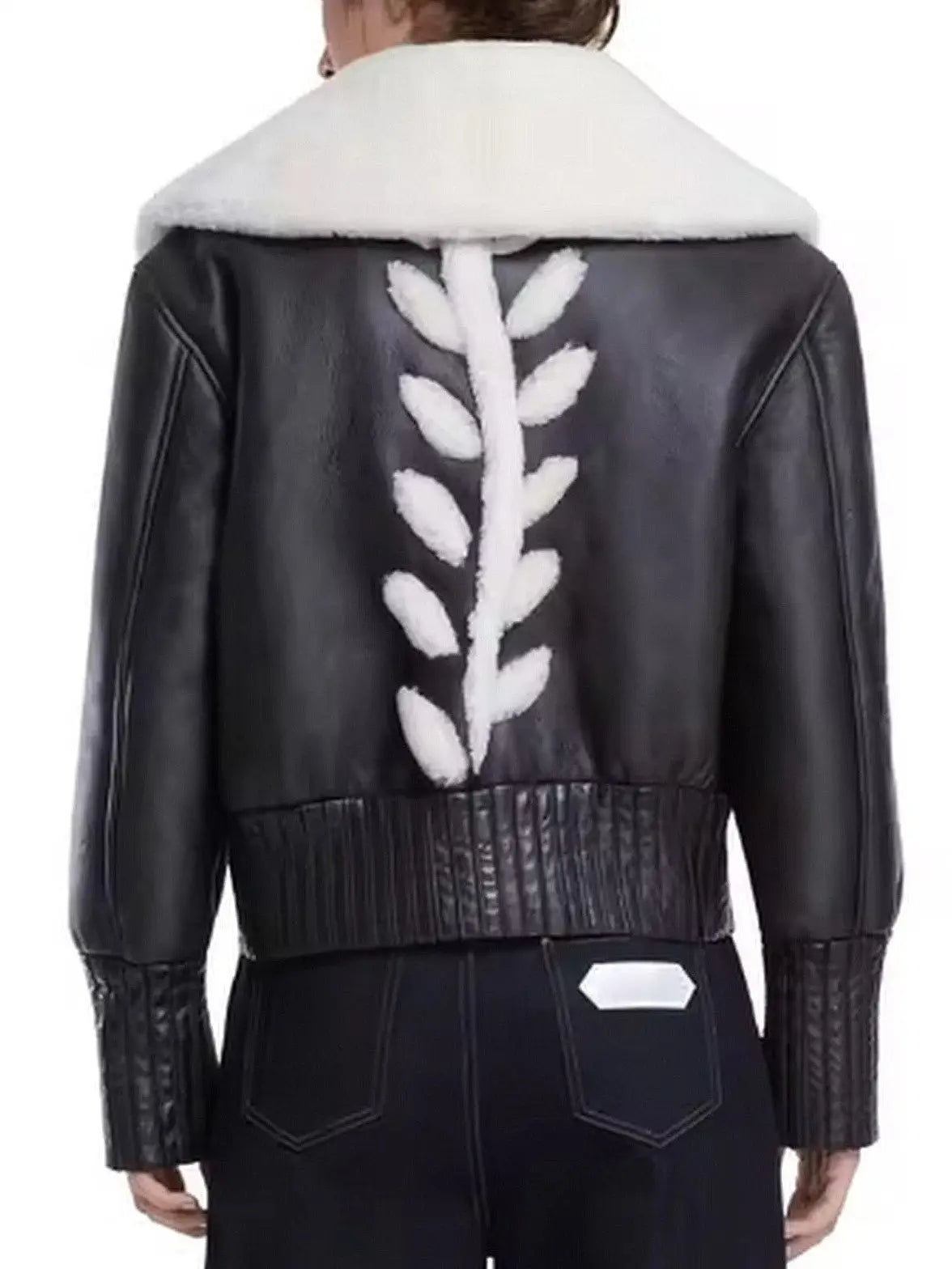 Black Leather Bomber Jacket with Shealing Trim - Jackets