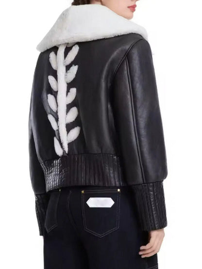 Black Leather Bomber Jacket with Shealing Trim - Jackets