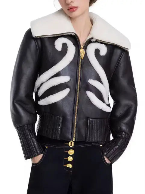 Black Leather Bomber Jacket with Shealing Trim - Jackets