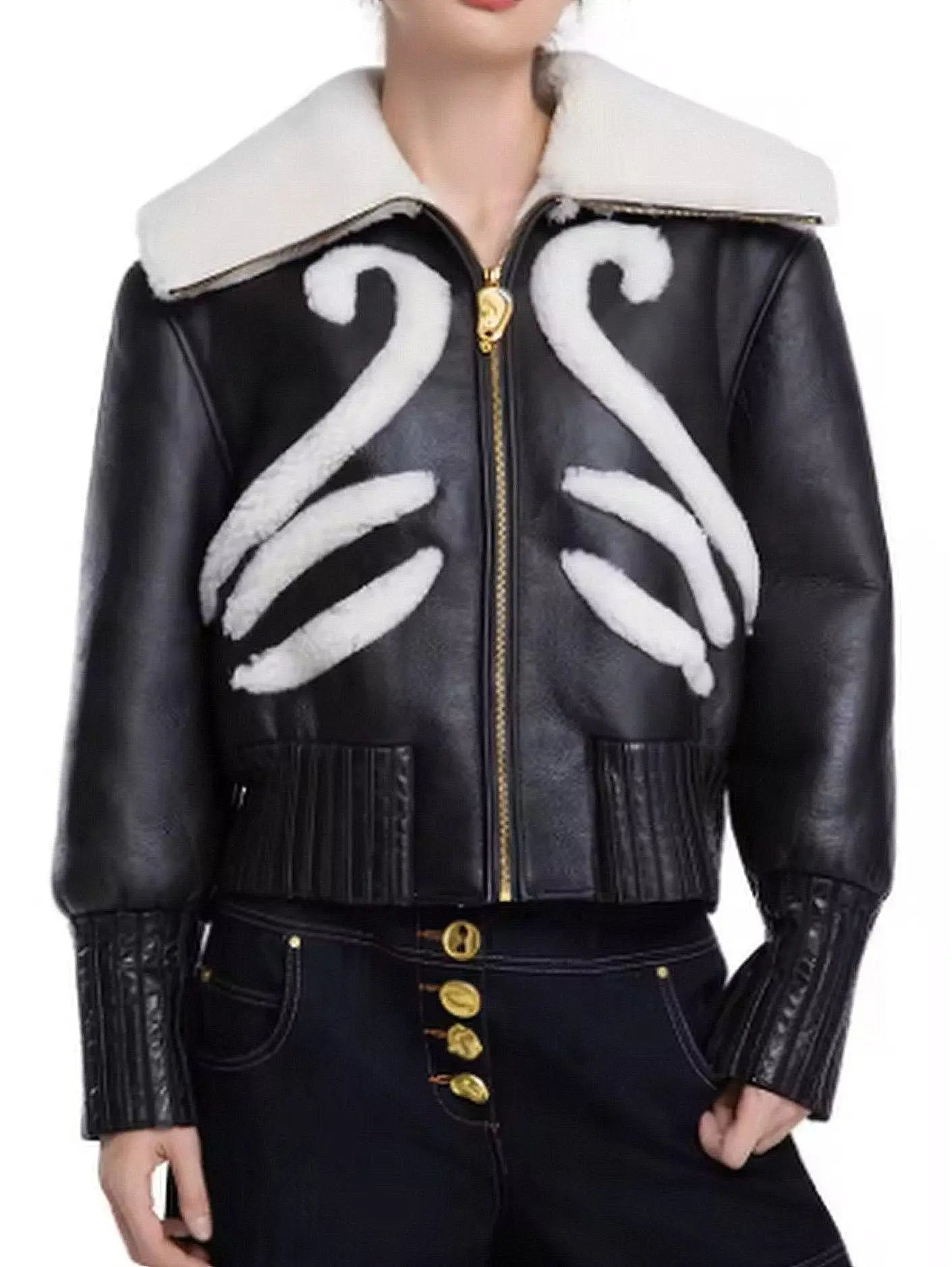 Black Leather Bomber Jacket with Shealing Trim - Jackets