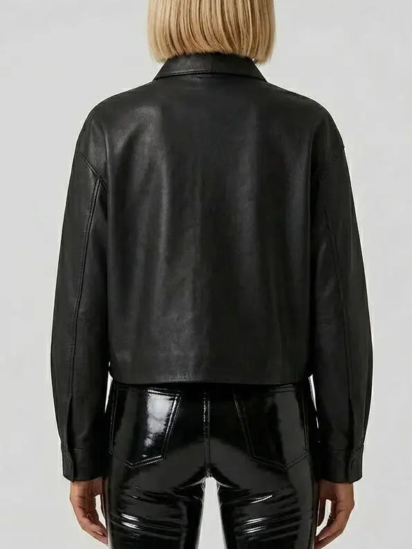 Black Leather Cut-Out Button-Down Jacket - Jackets